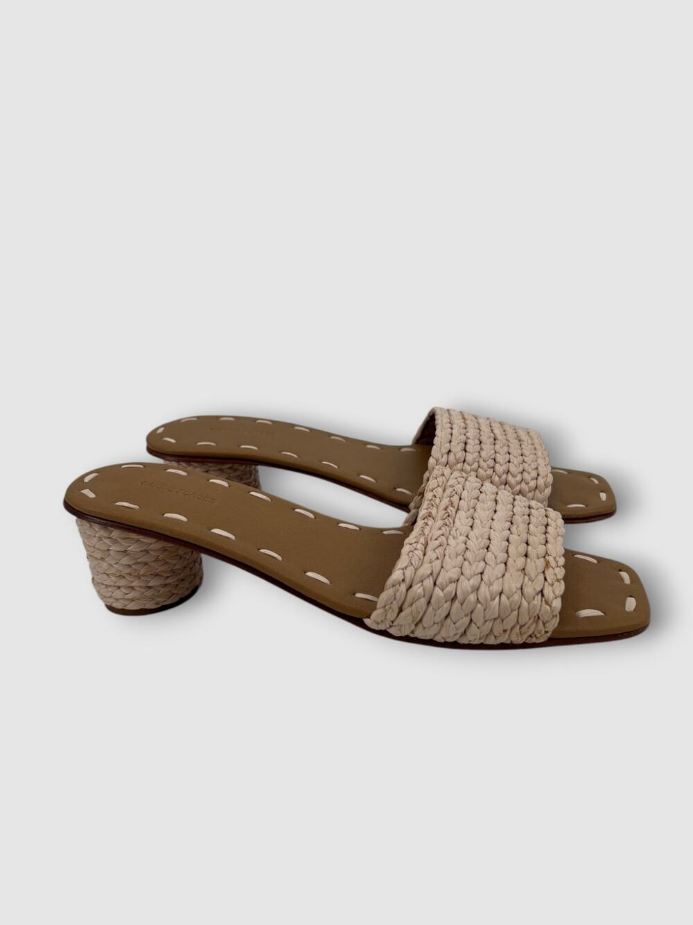 Carrie Forbes Woven Raffia Slide Sandals Ivory Braided Block Heel Mules Size 38 - Picture 1 of 8